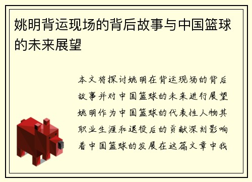姚明背运现场的背后故事与中国篮球的未来展望